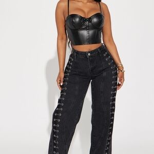 Black Faux Leather Bustier Crop Top and Lace-Up Black Jeans Set